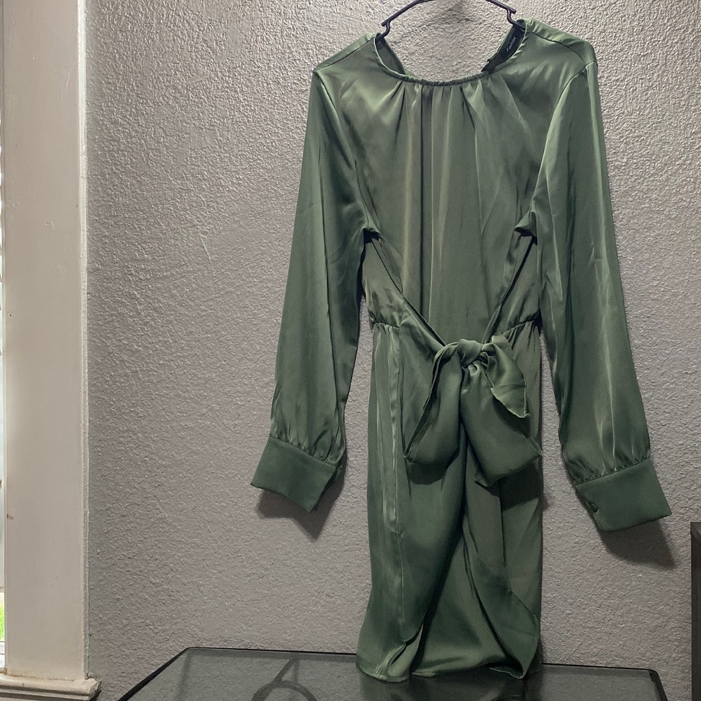Olive Greenish silky long sleeve dress
